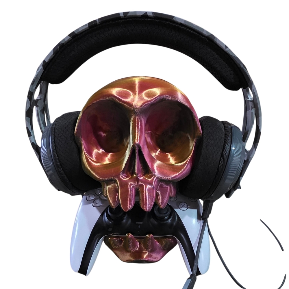 Gold 3d Printed Zombie Skull Headset Stand with Controller Holder Ps5 Xbox